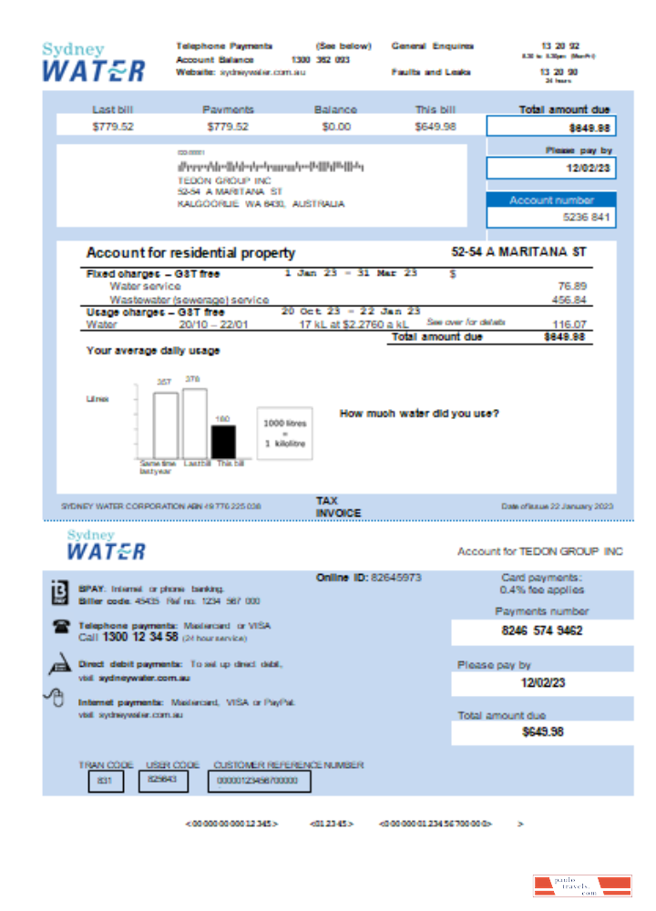 Sydney Water utility business bill,  KA PSD template
